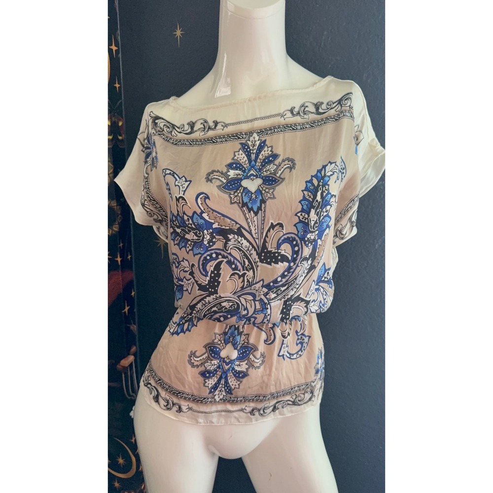 White House Black Market Silk Paisley Scarf Print Blouse Blue Beige XS - Picture 2 of 9